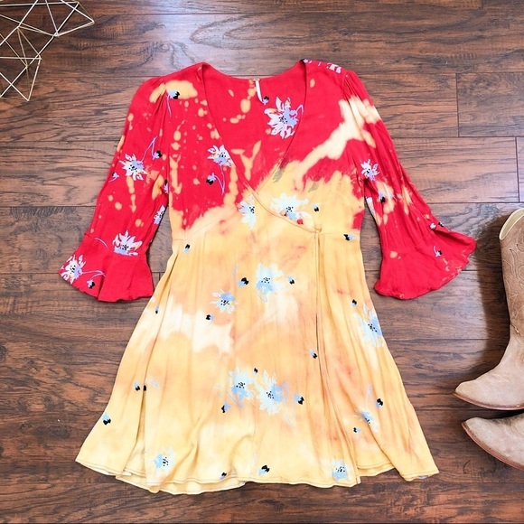 Free People • Time On My Side dress mini floral wrap red yellow crepe tie dye - Picture 2 of 14